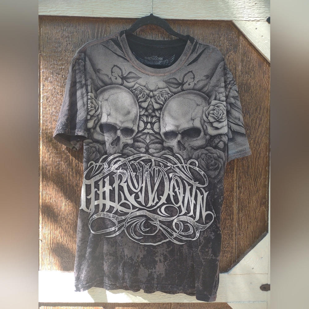 Throwdown Shirt Adult L All Over Print AOP Skulls Wings Y2k Grunge Punk